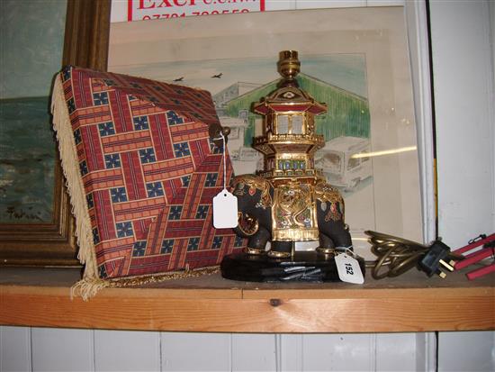 Early 20th century gilt and enamel-decorated elephant table lamp, possibly Satsuma, with shade